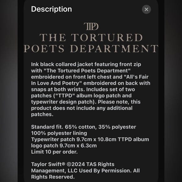 Taylor Swift TTPD Medium Jacket *PATCHES NOT INCLUDED!* - Picture 3 of 8
